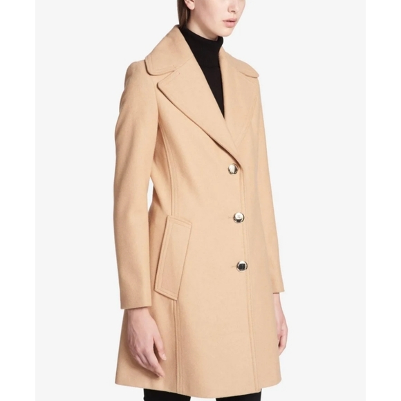 Calvin Klein Women's Oversized-Collar Walker Coat Slit pockets at hips Camel M - Picture 2 of 4